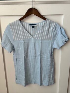 Karen Scott Light Blue V-Neck Short Sleeve Top with Striped Yoke